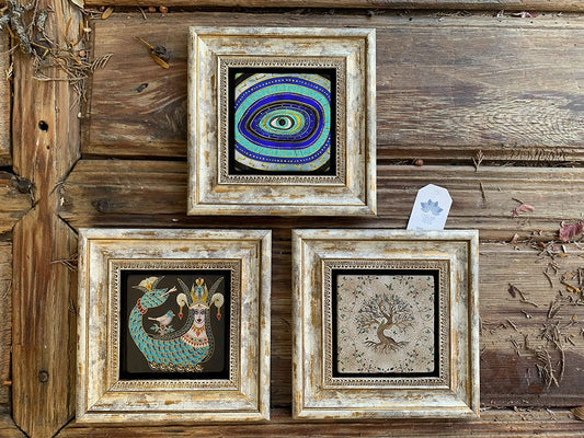 Framed Stone Wall Decoration Painting Set of 3 8" x 8" Shahmeran Evil Eye Tree of Life