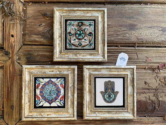 Framed Stone Wall Decoration 8" x 8" Fatma Mother Hand Pattern Tile