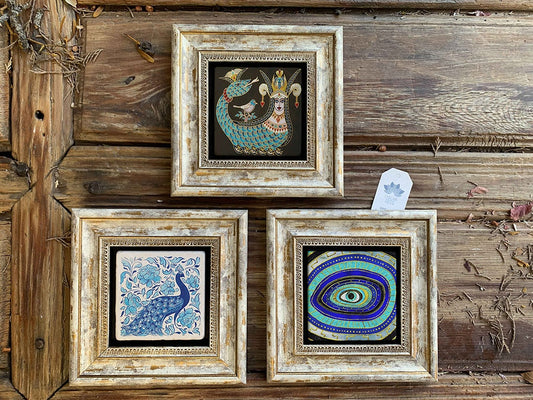 Framed Stone Wall Decoration Painting Set of 3 8" x 8" Peacock Shahmaran Evil Eye
