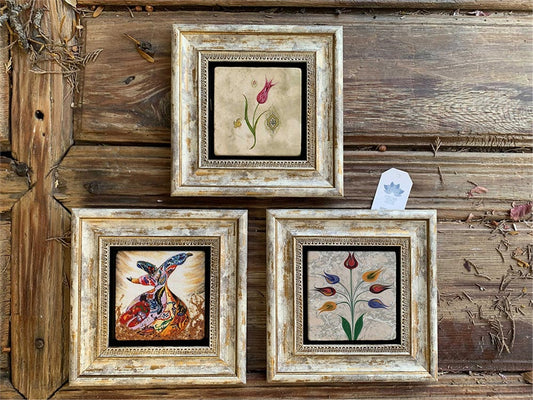 Framed Stone Wall Decoration 8" x 8" Set of 3 Whirling Dervish and 2 Marbled Flowers
