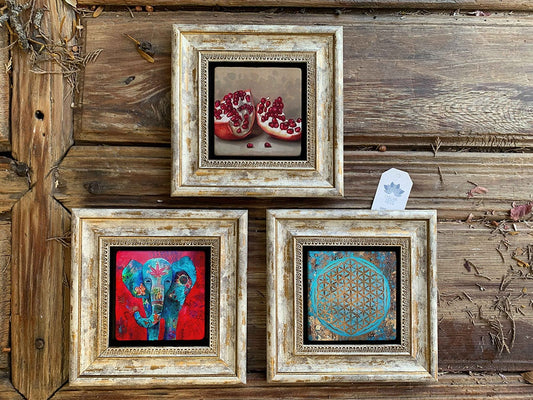 Framed Stone Wall Decoration Painting Set of 3 8" x 8" Pomegranate Elephant and Flower of Life