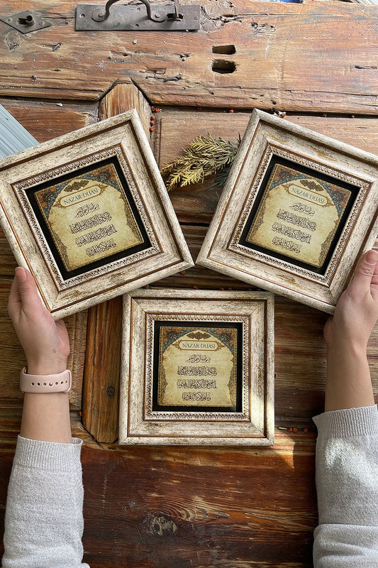 Framed Stone Wall Decoration Painting 8" x 8" Set of 3 Evil Eye Prayer