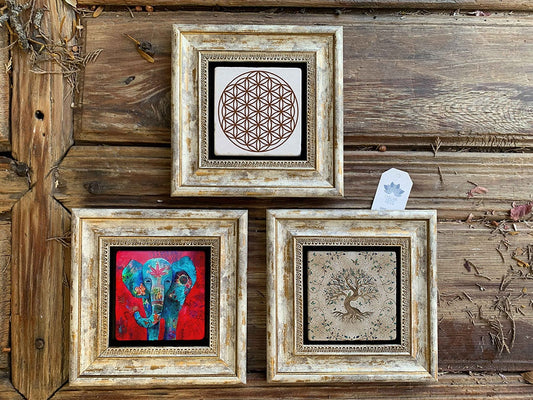 Framed Stone Wall Decoration Painting Set of 3 8" x 8" Flower of Life Elephant Tree of Life