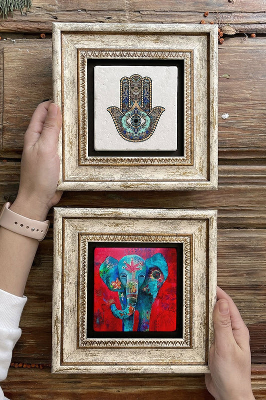 Framed Stone Wall Decoration Painting 8" x 8" Set of 2 (114-1488) Fatma Ana Elephant