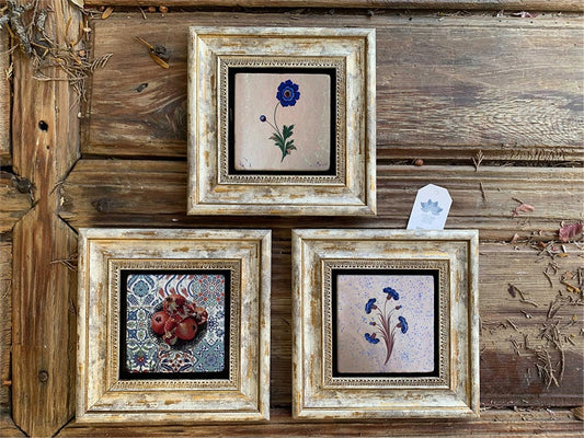 Framed Stone Wall Decoration 8" x 8" Set of 3 Pomegranate and Marbled Flower