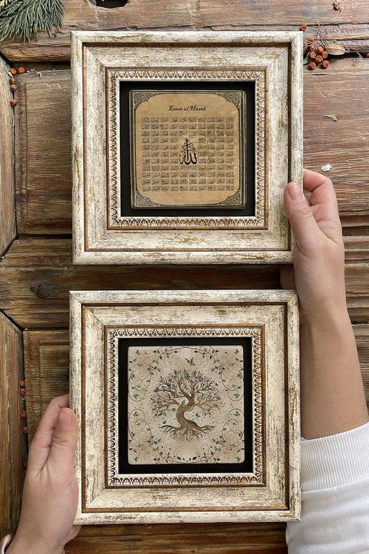 Framed Stone Wall Decoration Painting 8" x 8" Set of 2 (540-538) Tree of Life Esmaül