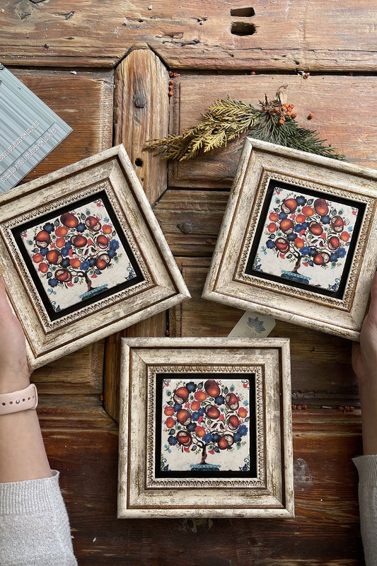 Framed Stone Wall Decoration Painting 8" x 8" Set of 3 Pomegranate Tree