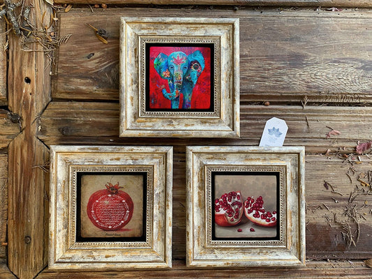 Framed Stone Wall Decoration Painting Set of 3 8" x 8" Pomegranate Praying Pomegranate Elephant