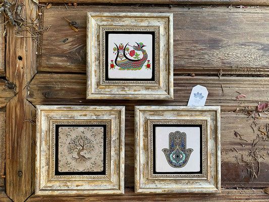 Framed Stone Wall Decoration Painting Set of 3 8" x 8" Tree of Life Shahmaran Fatma Ana