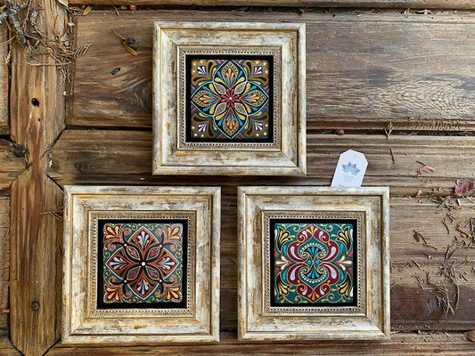 Framed Stone Wall Decoration Painting Set of 3 8" x 8" Pattern Set