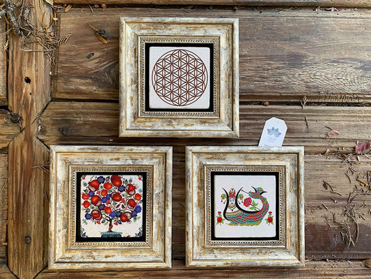Framed Stone Wall Decoration Painting Set of 3 8" x 8" Flower of Life Pomegranate Tree Shahmaran