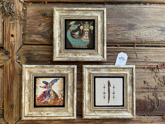 Framed Stone Wall Decoration Painting Set of 3 8" x 8" Shahmeran Whirling Dervish Elif