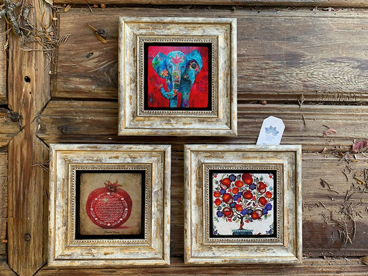 Framed Stone Wall Decoration Painting Set of 3 8" x 8" Elephant Pomegranate Prayer Pomegranate Tree