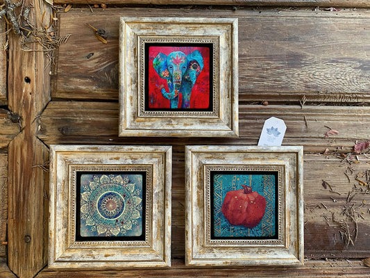 Framed Stone Wall Decoration Painting Set of 3 8" x 8" Pattern Elephant Pomegranate