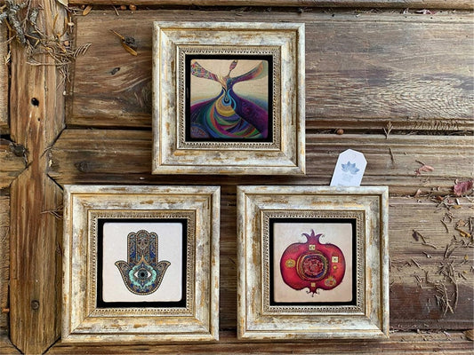 Framed Stone Wall Decoration 8" x 8" Set of 3 Fatma Mother Hand Whirling Dervish Pomegranate