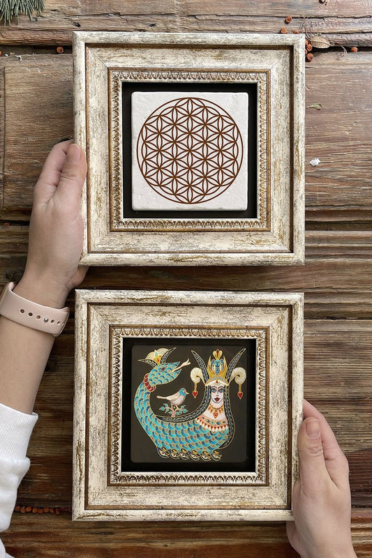 Framed Stone Wall Decoration Painting 8" x 8" Set of 2 (1213-7774) Şahmeran Yaşam
