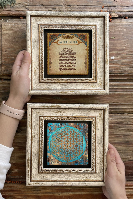 Framed Stone Wall Decoration Painting 8" x 8" Set of 2 (1090-463) Flower of Life Ayetel