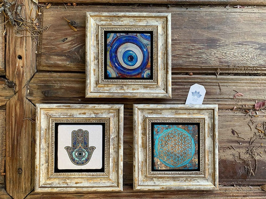 Framed Stone Wall Decoration Painting Set of 3 8" x 8" Flower of Life Nazar Fatma Ana