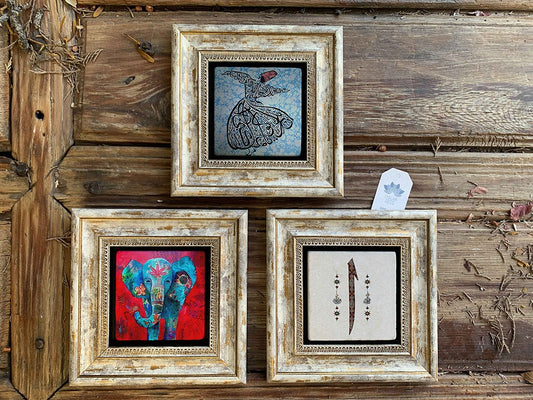 Framed Stone Wall Decoration Painting Set of 3 8" x 8" Whirling Dervish Elephant Elif
