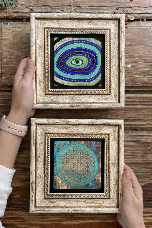 Framed Stone Wall Decoration Painting 8" x 8" Set of 2 (1100-1090) Evil Eye Flower of Life