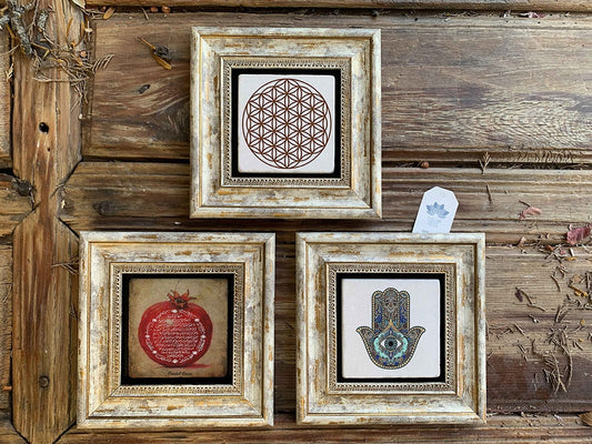 Framed Stone Wall Decoration Painting Set of 3 8" x 8" Mother of Fatma Flower of Life Pomegranate Prayer