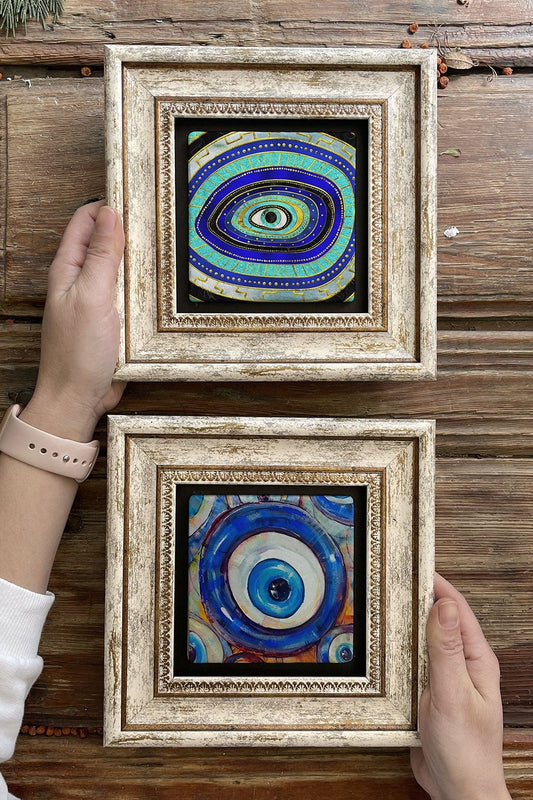Framed Stone Wall Decoration Painting 8" x 8" Set of 2 (1100-1481) Evil Eye Evil Eye
