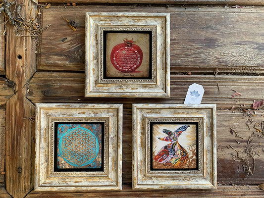 Framed Stone Wall Decoration Painting Set of 3 8" x 8" Pomegranate Prayer Whirling Dervish Flower of Life