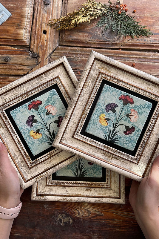 Framed Stone Wall Decoration Painting 8" x 8" Set of 3 Marbled Flowers