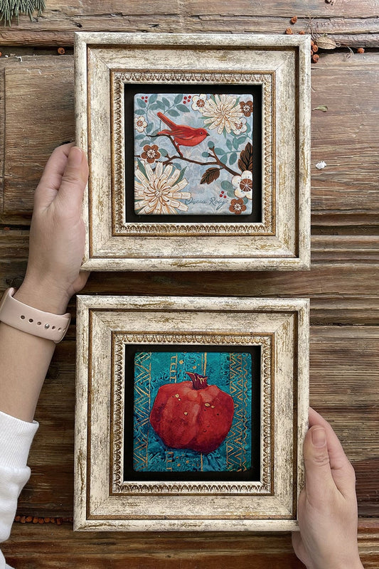 Framed Stone Wall Decoration Painting 8" x 8" Set of 2 (480-1259) Nar Kuş