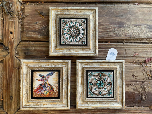 Framed Stone Wall Decoration Painting Set of 3 8" x 8" Pattern Set and Whirling Dervish