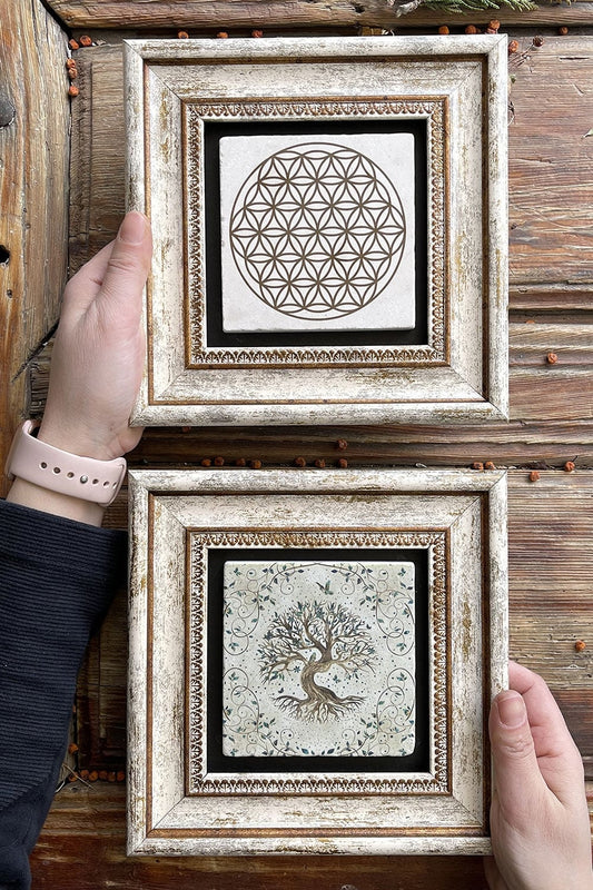 Framed Stone Wall Decoration Painting 8" x 8" Set of 2 (540-7774) Life and Living Flower
