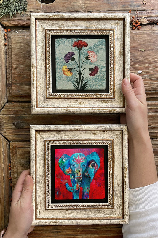 Framed Stone Wall Decoration Painting 8" x 8" Set of 2 (1488-1224) Elephant Ebruli