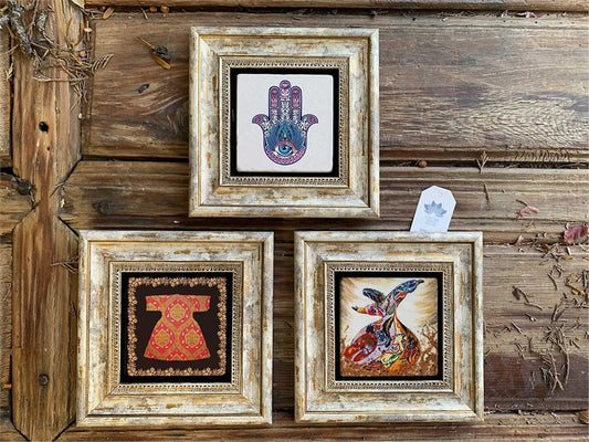 Framed Stone Wall Decoration 8" x 8" Set of 3 Fatma Mother's Hand Whirling Dervish Caftan