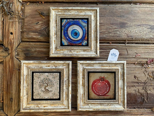 Framed Stone Wall Decoration Painting Set of 3 8" x 8" Evil Eye Bead Life Tree Pomegranate Prayer