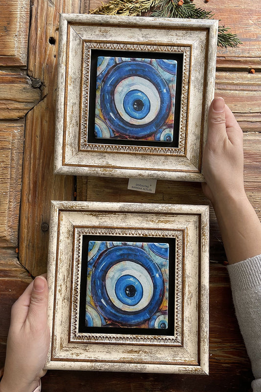 Framed Stone Wall Decoration Painting 8" x 8" Set of 2 Evil Eye Beads