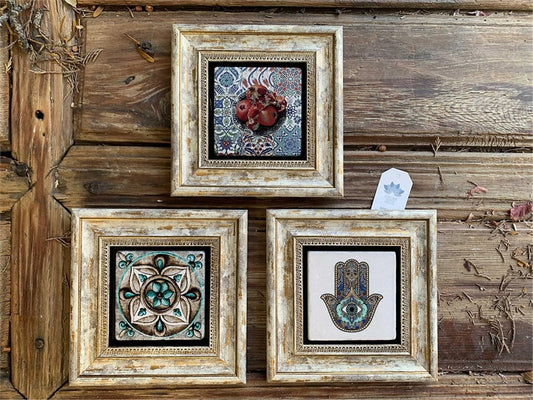 Framed Stone Wall Decoration 8" x 8" Fatma's hand Pomegranate Pattern