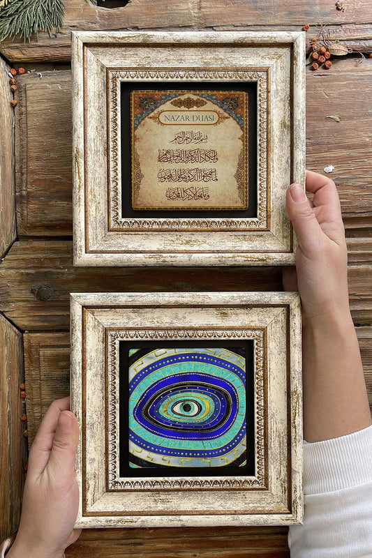Framed Stone Wall Decoration Painting 8" x 8" Set of 2 (1100-464) Evil Eye Evil Eye Prayer