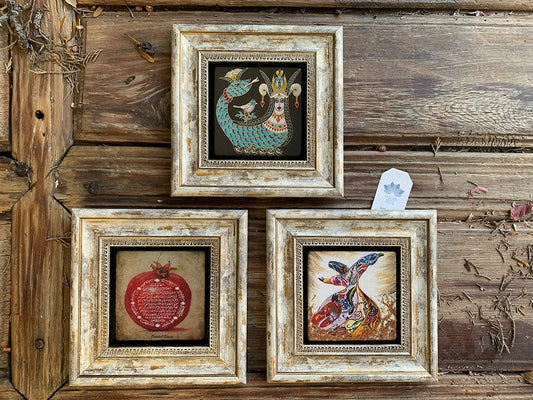 Framed Stone Wall Decoration Painting Set of 3 8" x 8" Whirling Dervish Pomegranate Prayer Shahmaran