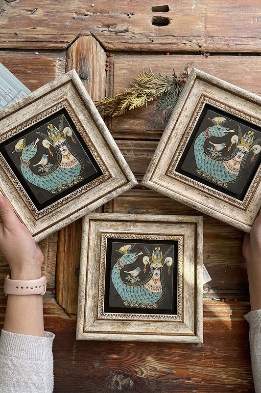 Framed Stone Wall Decoration Painting 8" x 8" Set of 3 Black Shahmaran