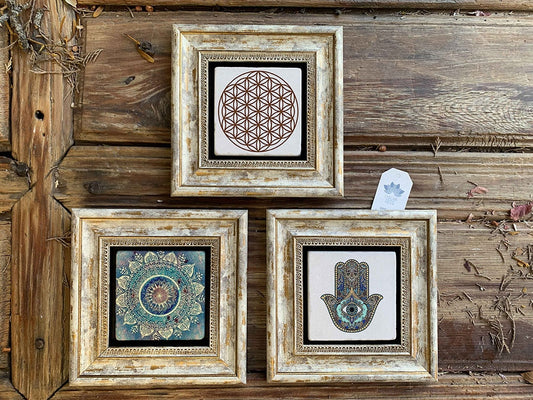 Framed Stone Wall Decoration Painting Set of 3 8" x 8" Flower of Life Fatma Ana Pattern