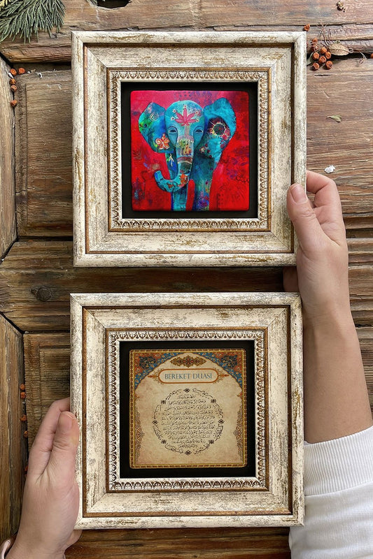 Framed Stone Wall Decoration Painting 8" x 8" Set of 2 (462-1488) Elephant Praying for Abundance