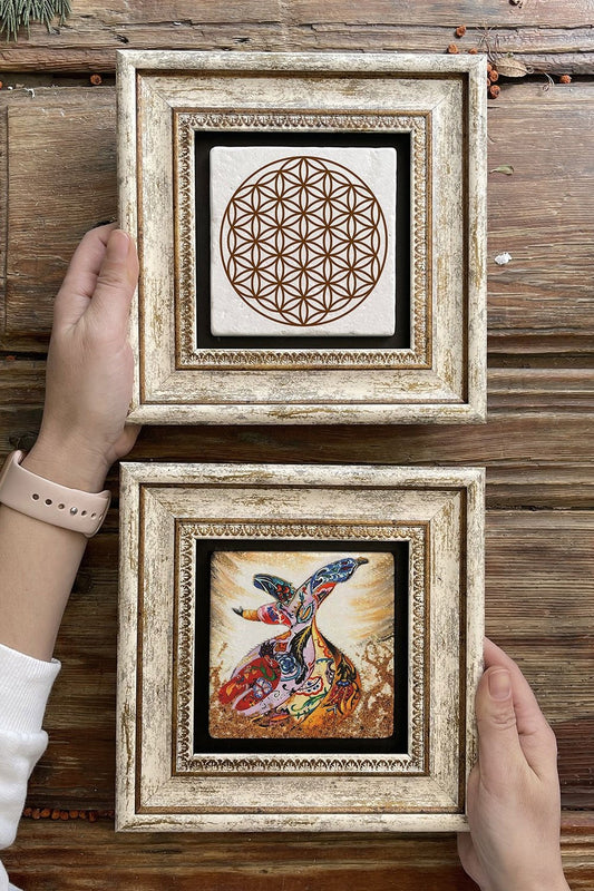 Framed Stone Wall Decoration Painting 8" x 8" Set of 2 (60-7774) Whirling Dervish Flower of Life