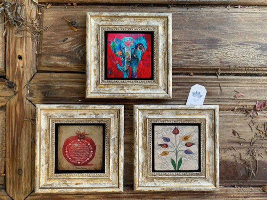 Framed Stone Wall Decoration Painting Set of 3 8" x 8" Elephant Pomegranate Prayer Ebruli