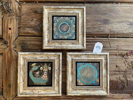 Framed Stone Wall Decoration Painting Set of 3 8" x 8" Shahmeran Flower of Life Pattern