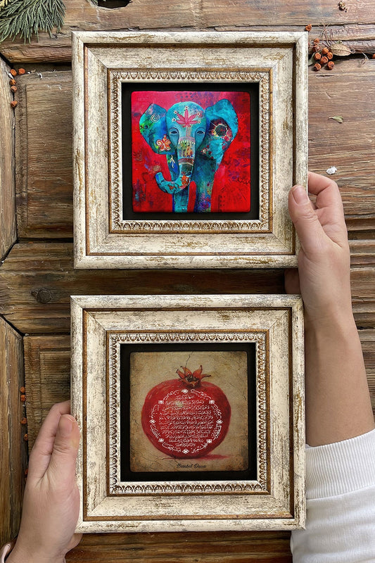 Framed Stone Wall Decoration Painting 8" x 8" Set of 2 (1104-1488) Abundance Pomegranate Elephant