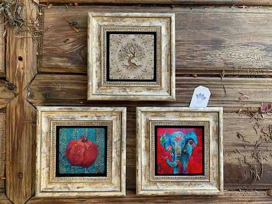 Framed Stone Wall Decoration Painting Set of 3 8" x 8" Tree of Life Elephant Pomegranate
