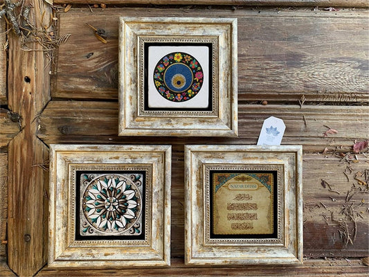 Framed Stone Wall Decoration 8" x 8" Set of 3 Pattern Evil Eye Beads and Prayers