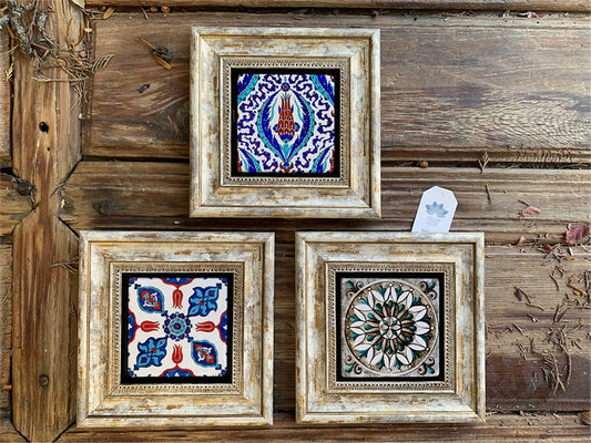 Framed Stone Wall Decoration 8" x 8" Set of 3 Tile Pattern 3 Pieces Framed Panel