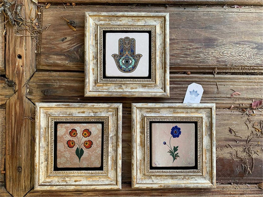Framed Stone Wall Decoration 8" x 8" Set of 3 Fatma Ana Eli Marbled Flower Tulip