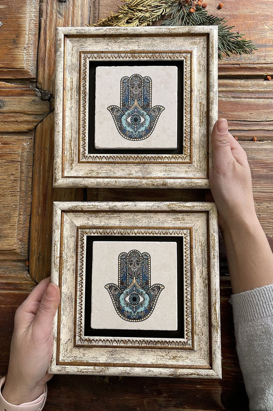 Framed Stone Wall Decoration Painting 8" x 8" Set of 2 Fatma Ana Eli